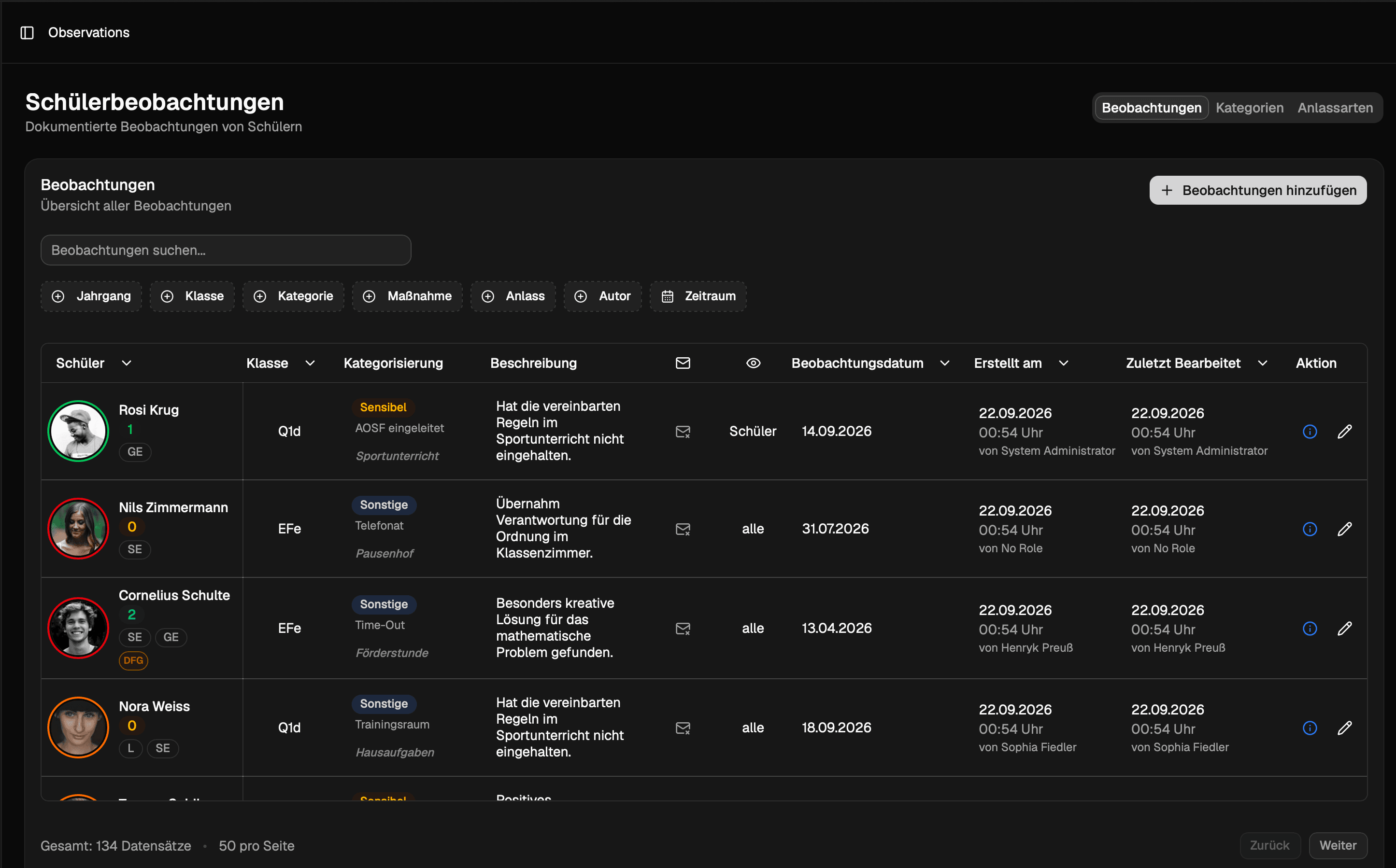 Schulmonitor Schülerbeobachtungen Dashboard mit Interventionsstufen